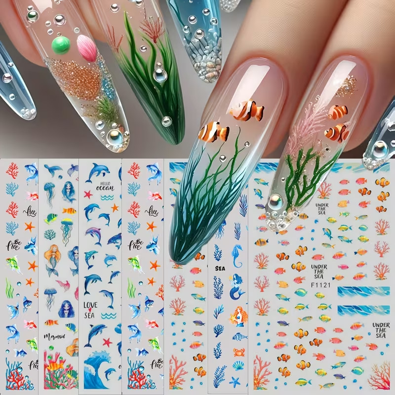 7pcs 3D Summer Ocean Jellyfish Goldfish Mermaid Nail Art Stickers – Cartoon