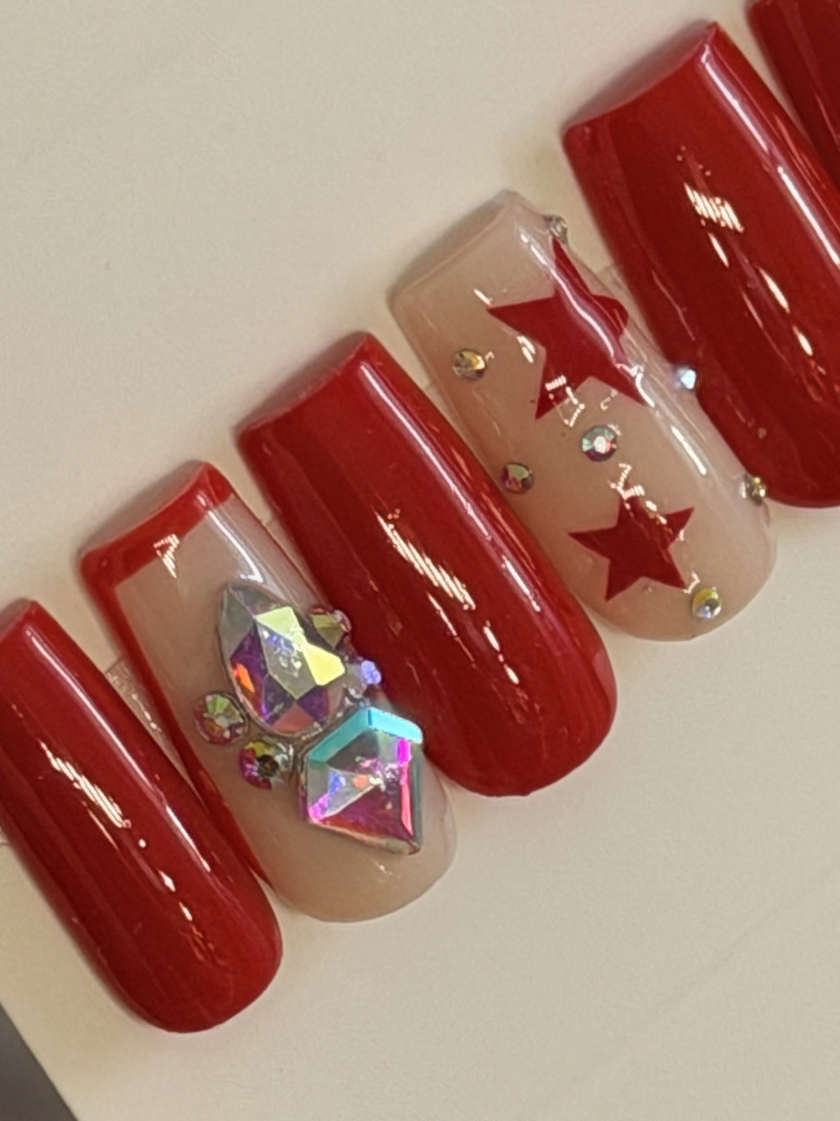 ✨ CUSTOM Press On Nails RED STAR BLING 10p SET W Kit
