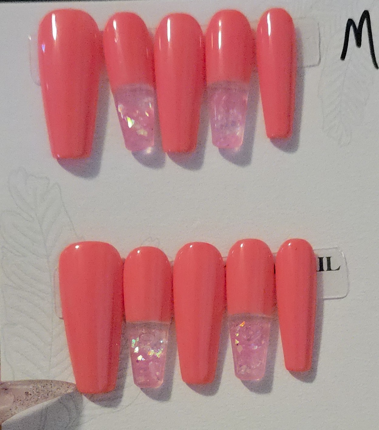 Handmade Coffin Water Aquarium Press On Nails Pink/Clear Glitter Full Cover-M