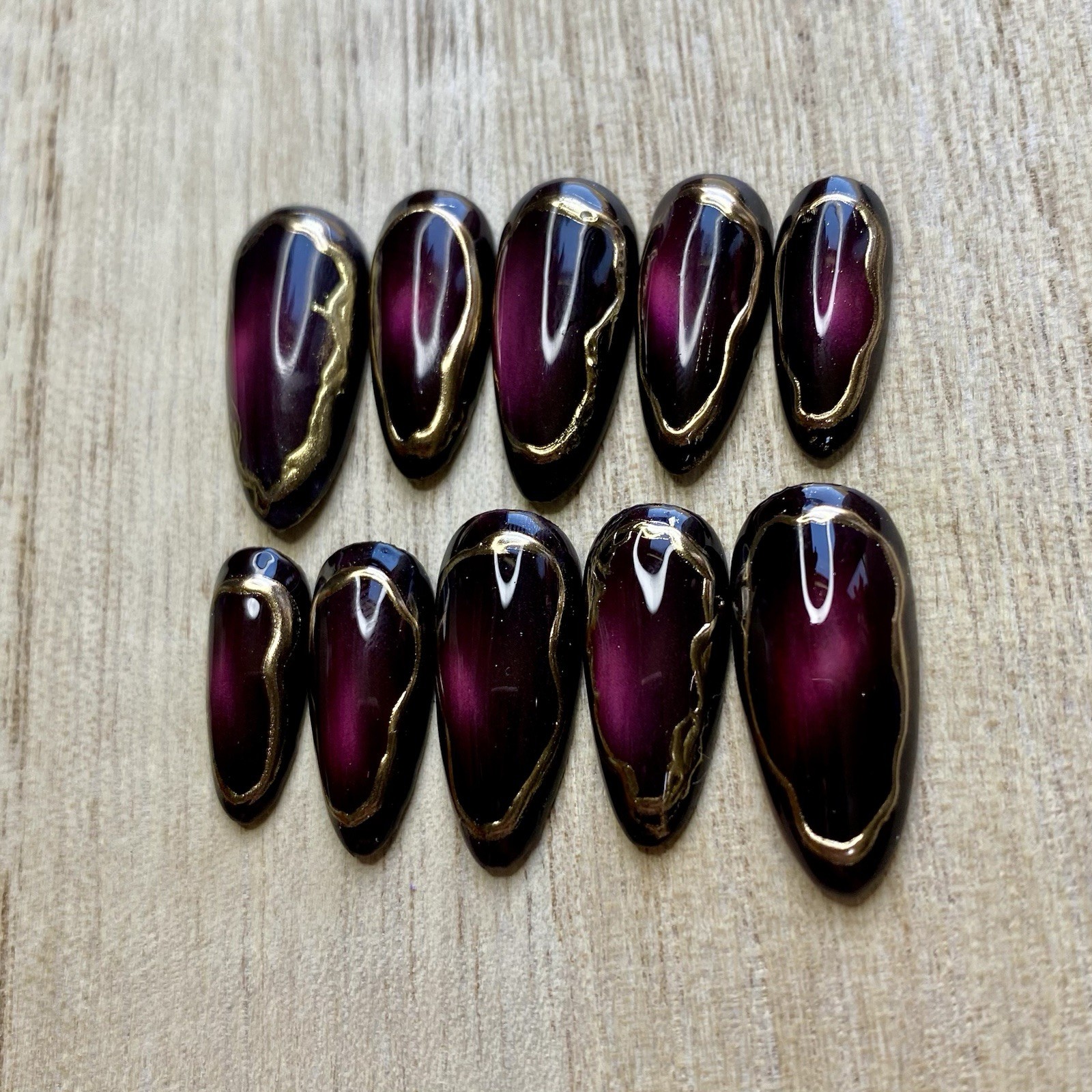 Molten Merlot Press On Nails | Burgundy Cat Eye Nails | Gold Chrome Outline
