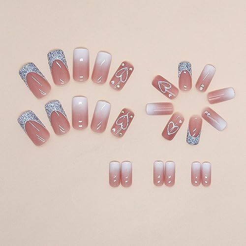 Blue Heart Press on Nails Medium Square Fake Nails Glossy Glitter French Tip