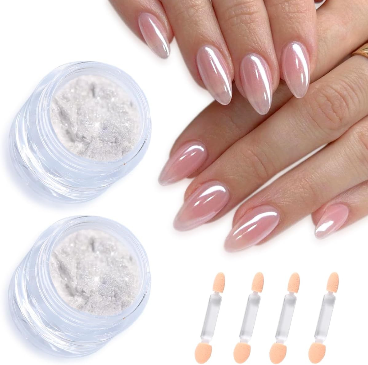 Moonlight White Chrome Nail Powder, 2Pcs Pearl Chrome for Glazed Donut Nails Cle