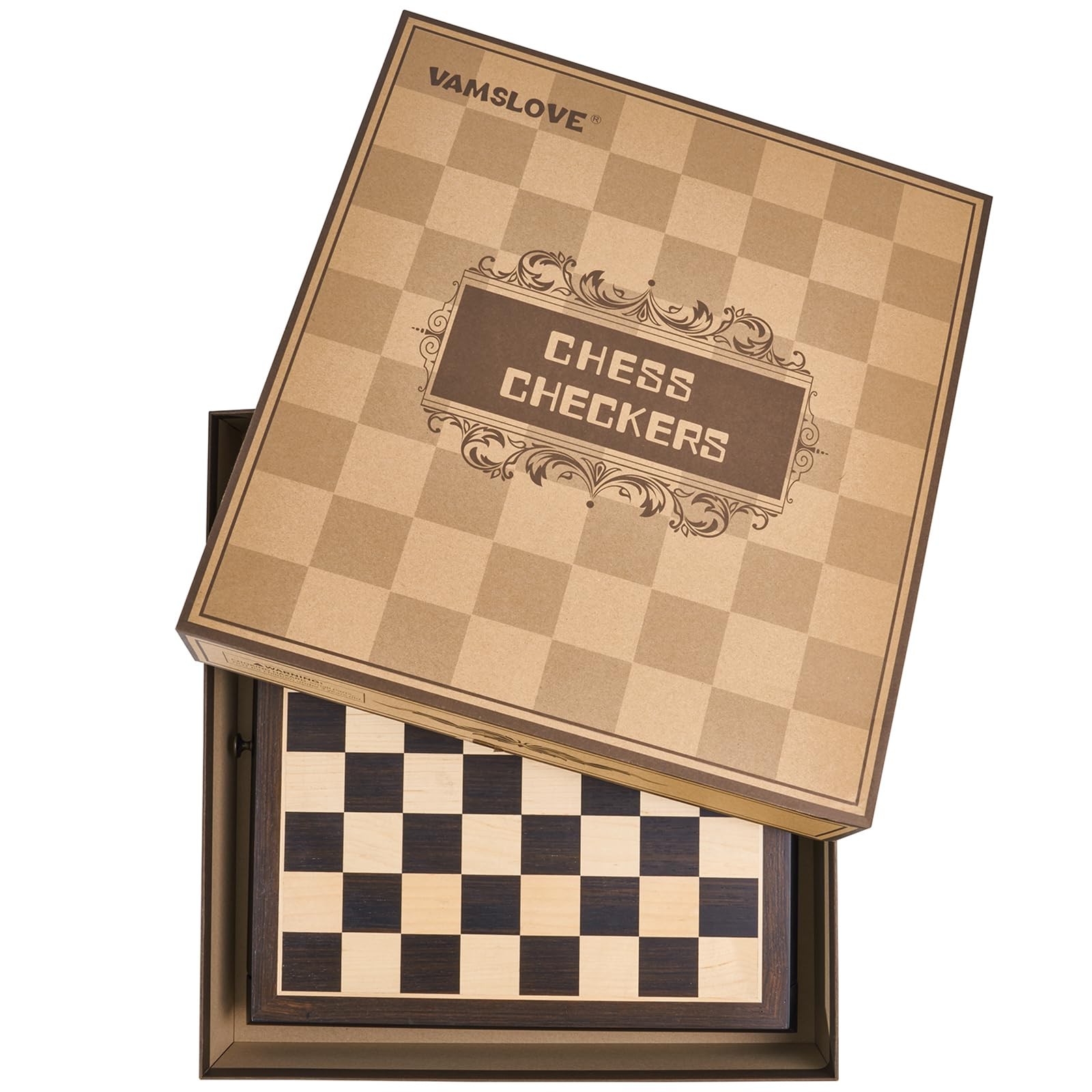 VAMSLOVE Wooden Chess Checkers Game Set 15.5″ L x W x 2.5″ H, Black