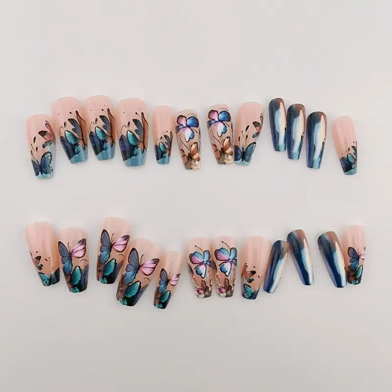 24pcs of Medium-Long Ballet 3D Printed Colorful Butterfly Wearable Nail Women