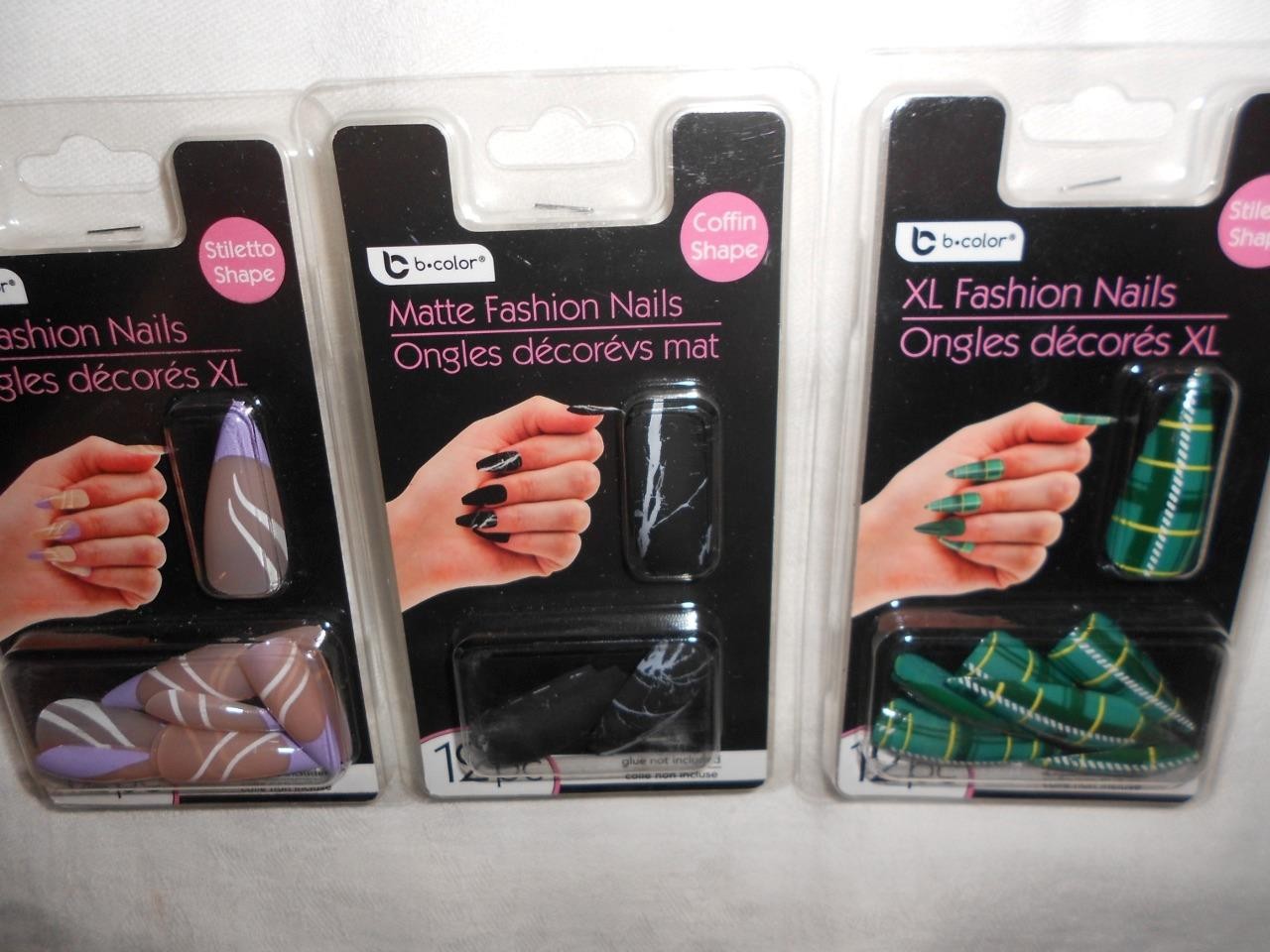 Lot 3 12pk B-Color XL Green Plaid, Purple Tip & Black Marble Fashion Nails NEW