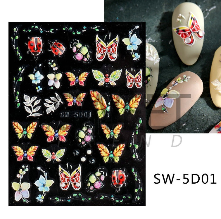 5D Embossed Beetle Bug Butterfly Flower Nail Art Stickers Self Adhesive SW5D1