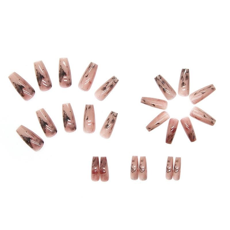 24xFake Nail Gradient Smudged Ink Chinese Style Long False Nails Press On Nails