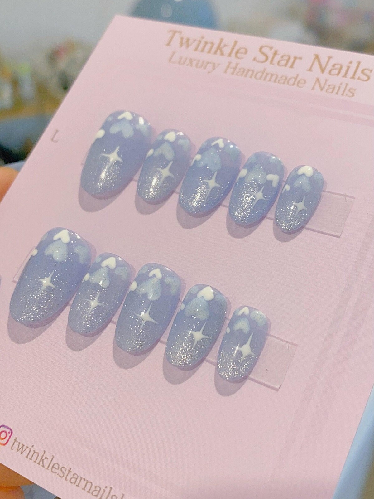 Handmade Light Blue Cloud Star Glitter Medium Oval Press on Nails Summer Daily