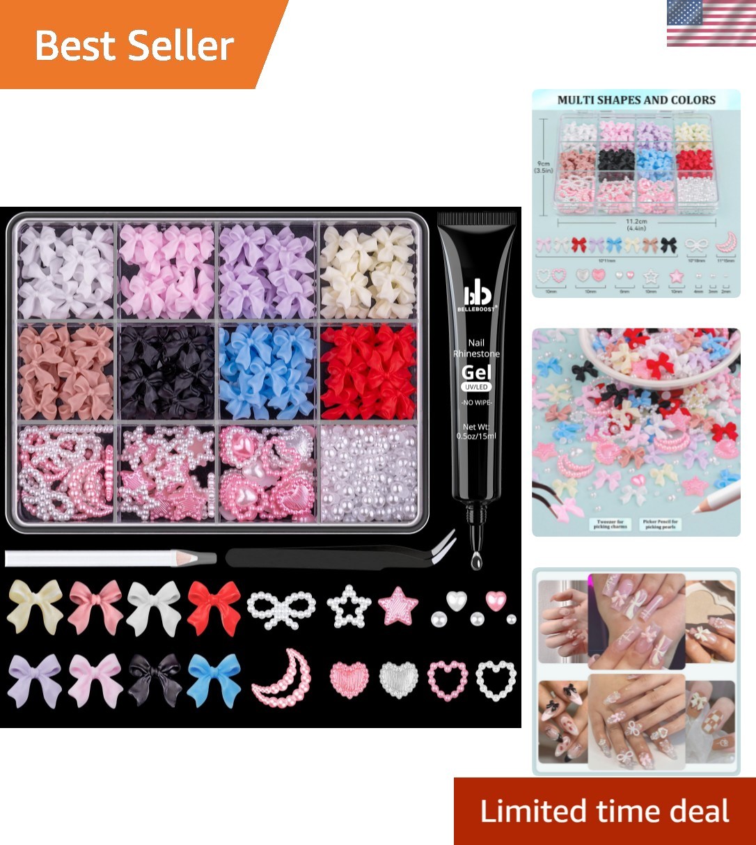 Colorful 600 Pcs Nail Art Set: 3D Charms, Flatback Pearls, No Wipe Glue Included