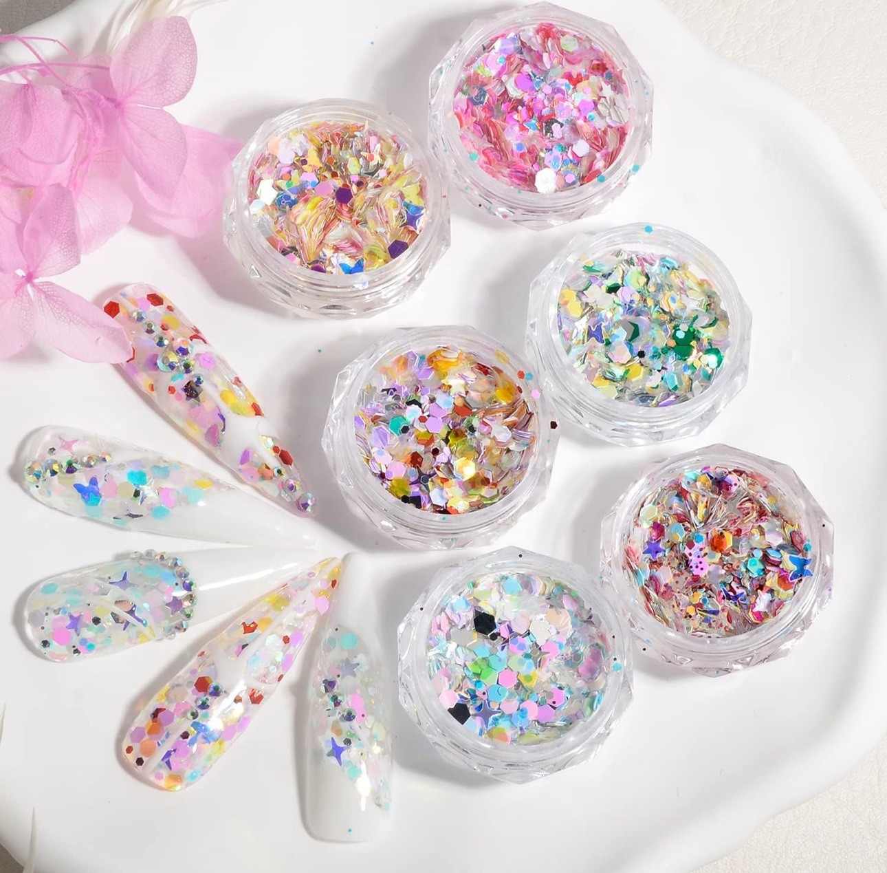 6Boxes 3D Holographic Nail Sequins Iridescent Glitter Foil Flakes Art Decoration