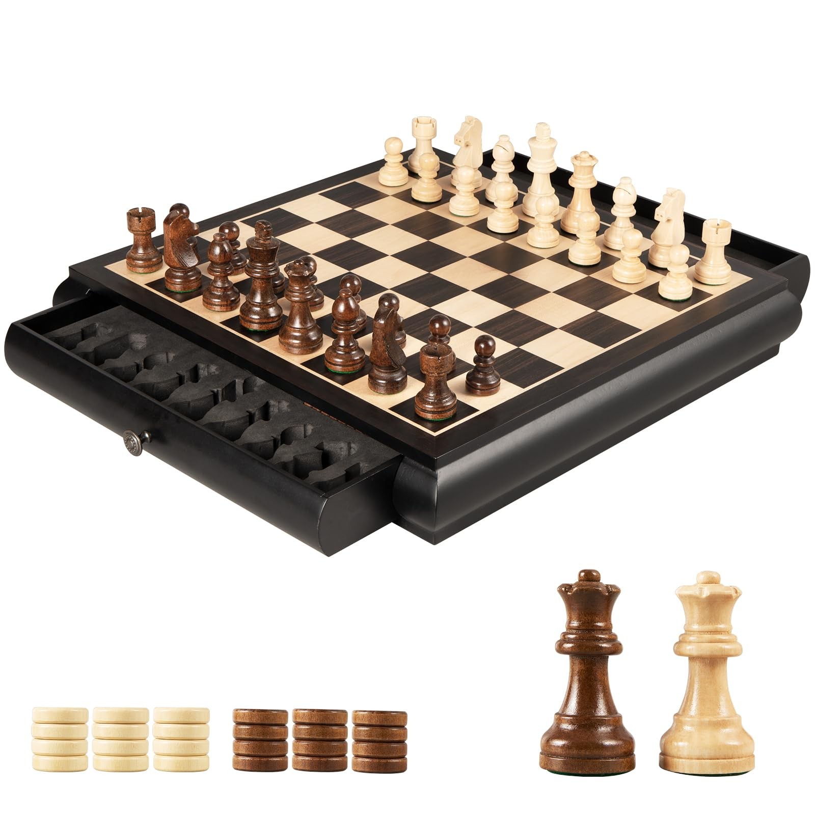 VAMSLOVE Wooden Chess Checkers Game Set 15.5″ L x W x 2.5″ H, Black