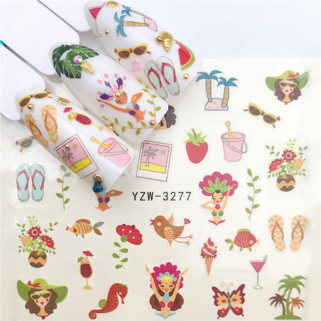 Nail Art Water Transfer Sticker Palm Tree Beach Summer Girl Party Coconut Decals