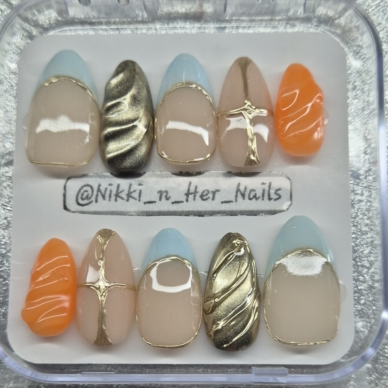 Beige Orange Gold Light Blue Metallic 3D Square Press-On Nails Set Medium