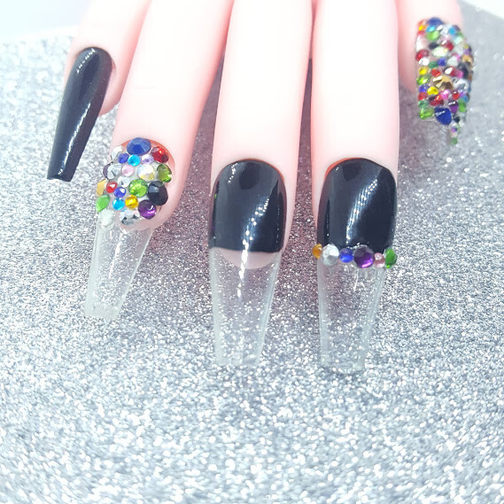 Multi Colored Jewel Box Clear Tip Long Ballerina Press On Nails Handmade Hard