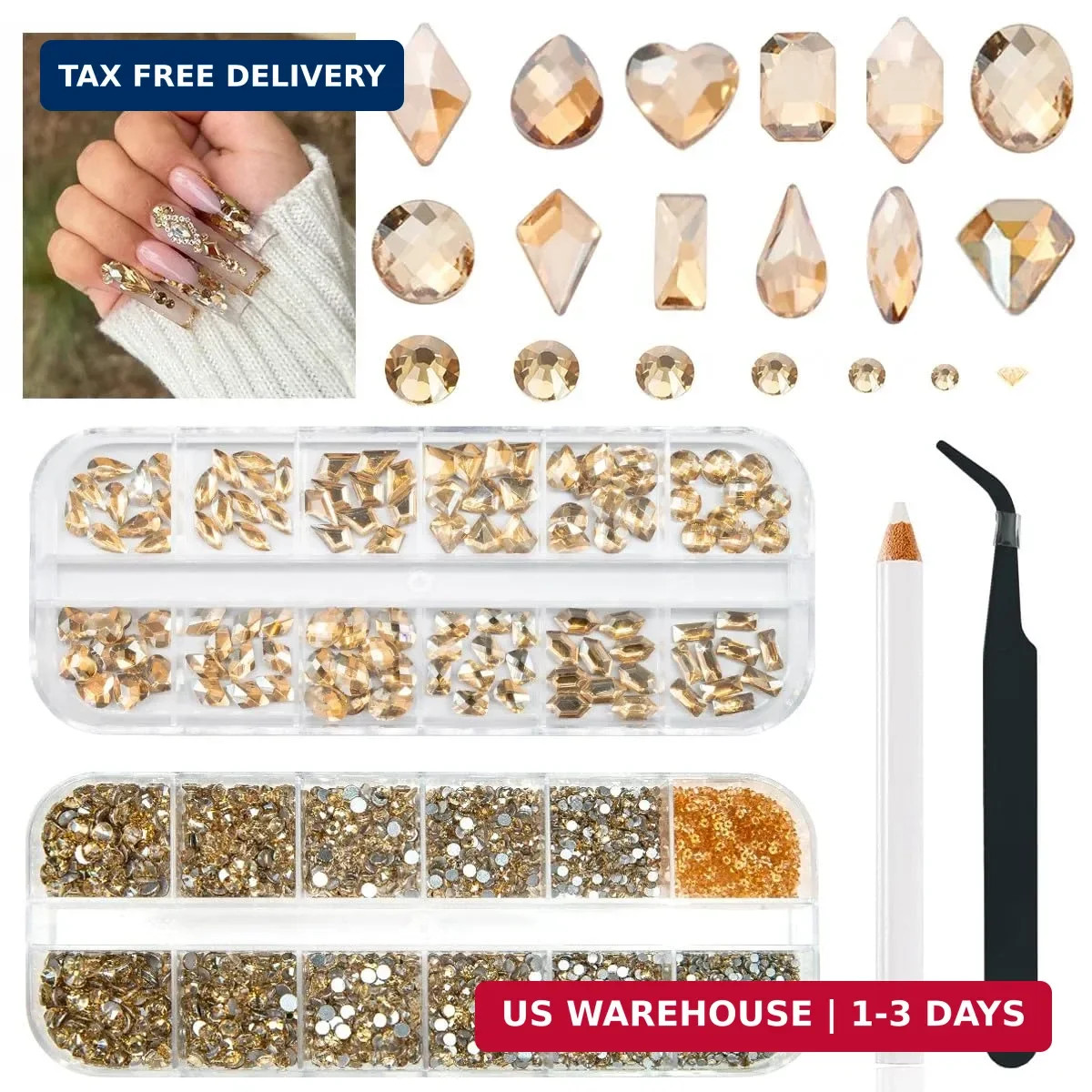 qiipii 4080Pcs Gold Nail Rhinestones, More Quantity 1.5-4mm Mini Flatback K9 Gla