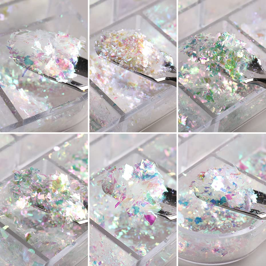 Holographic Nail Art Glitter Iridescent Flakes 12 Grids Mermaid Bright Colorful