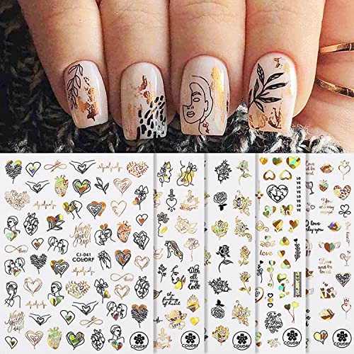 Gold Flowers Nail Art Stickers, Holographic Rose Floral Leaf Love Gold Floral