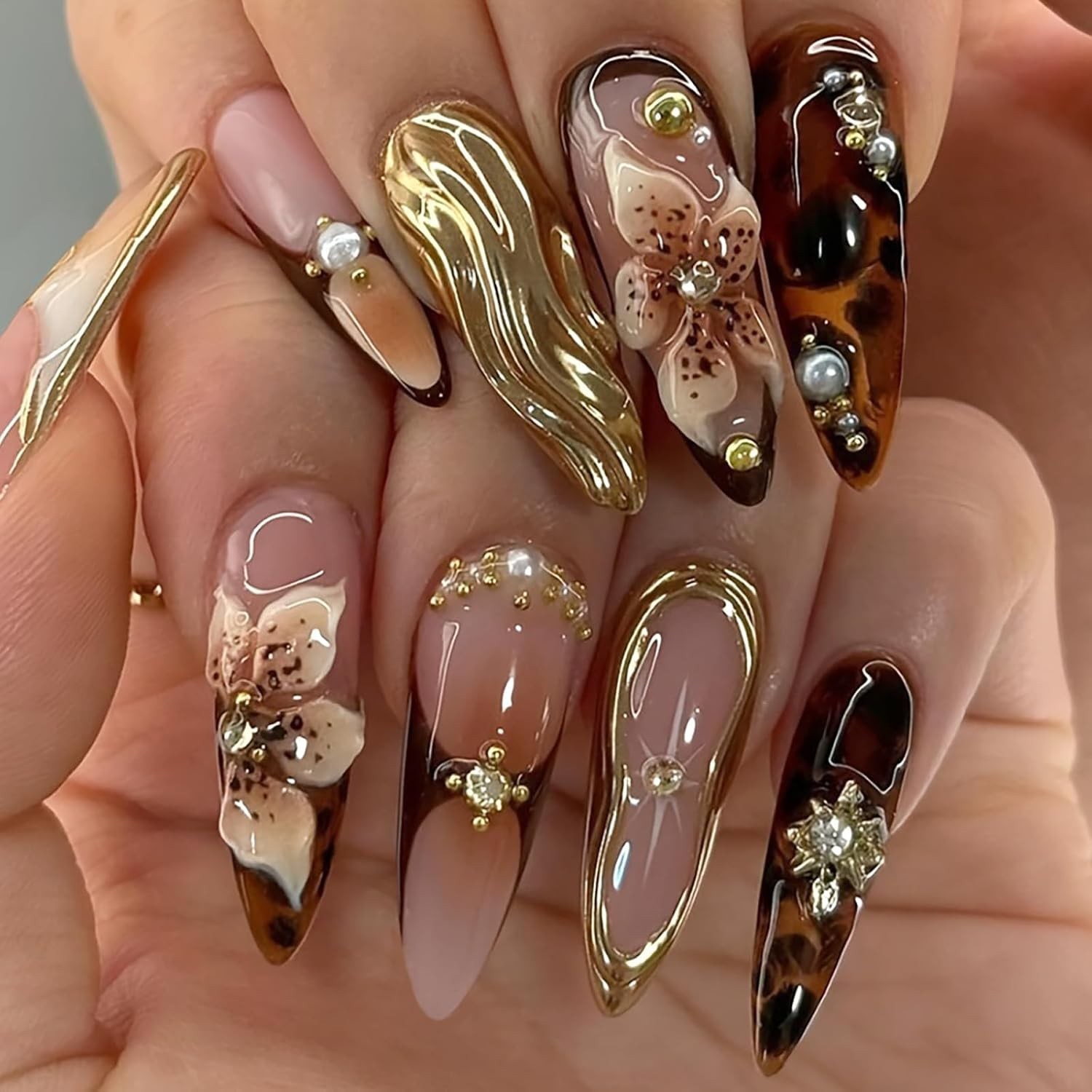 Luxury Long Almond Press-On Nails: 3D Brown Flower & Rhinestone Charm Set