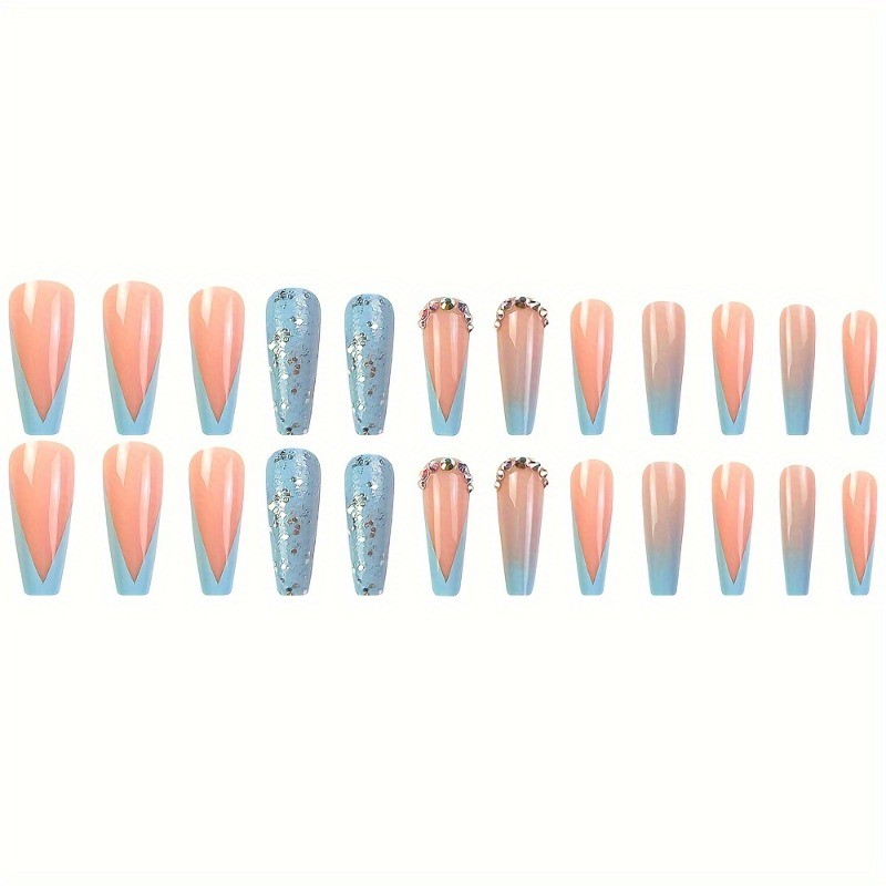 48pcs Baby Blue & Nude Press on Nails Long Coffin with Ombre and Silver Glitter