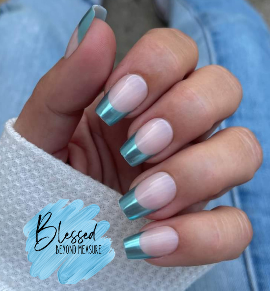 Red Aspen Press On Nails~Blue Skies Ahead, Bebop Medium Coffin Chrome French