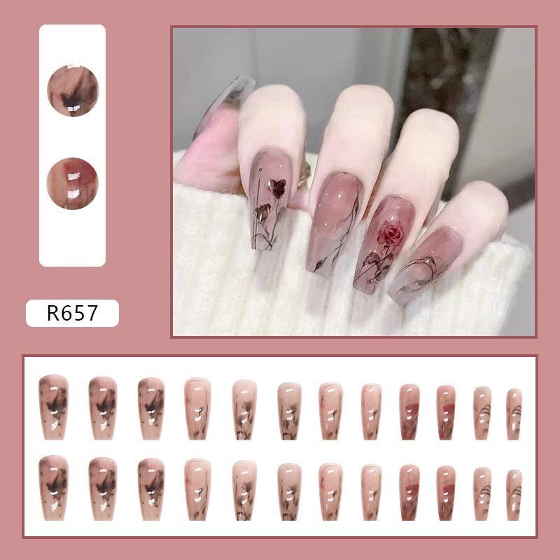 24xFake Nail Gradient Smudged Ink Chinese Style Long False Nails Press On Nails