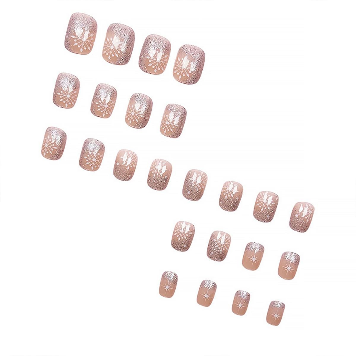 24Pcs Christmas Press on Nails Short Square Winter Snowflake Fake Multicolor