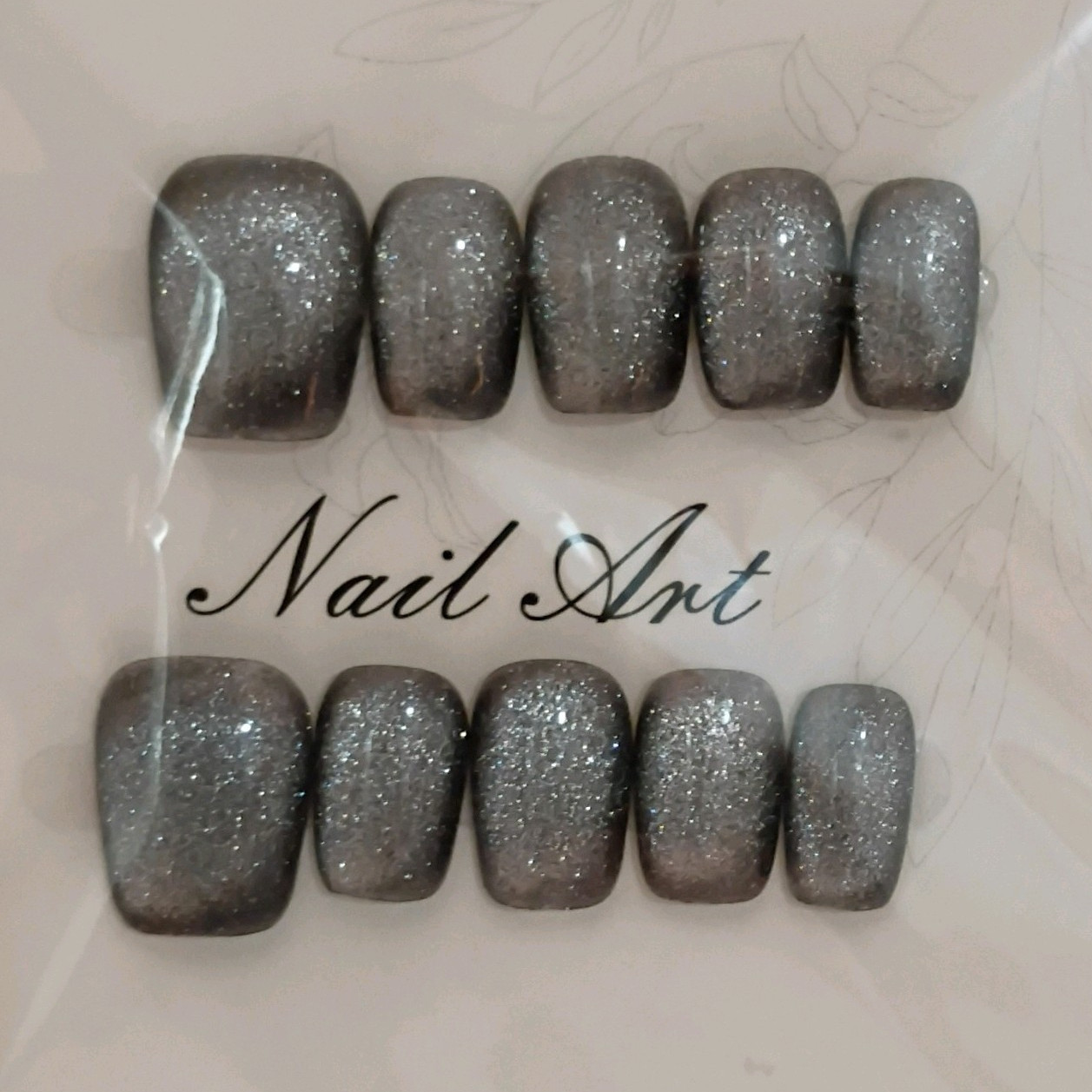 Press-On Nails Gray Silver Glitter Cat Eye Short Square, Size M