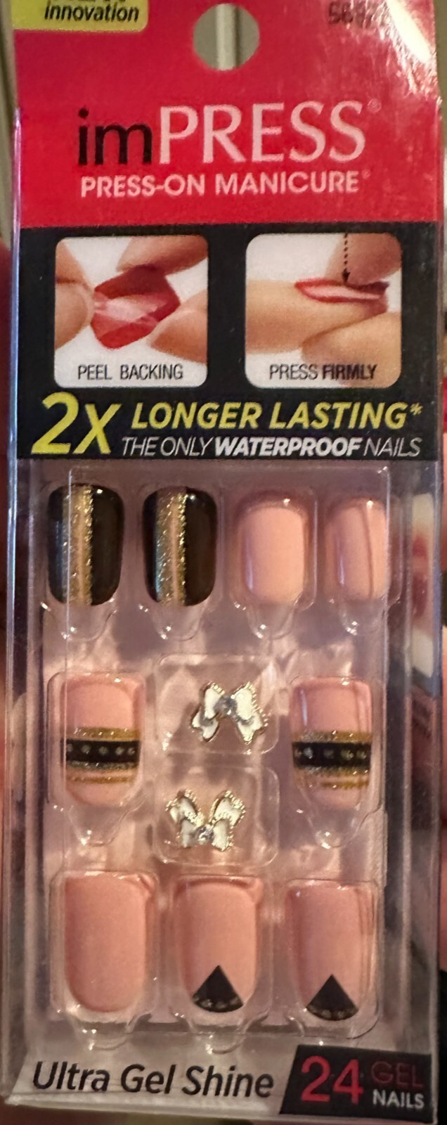 Impress Gel Manicure Press on Nails Short black & Gold details w/ white bow