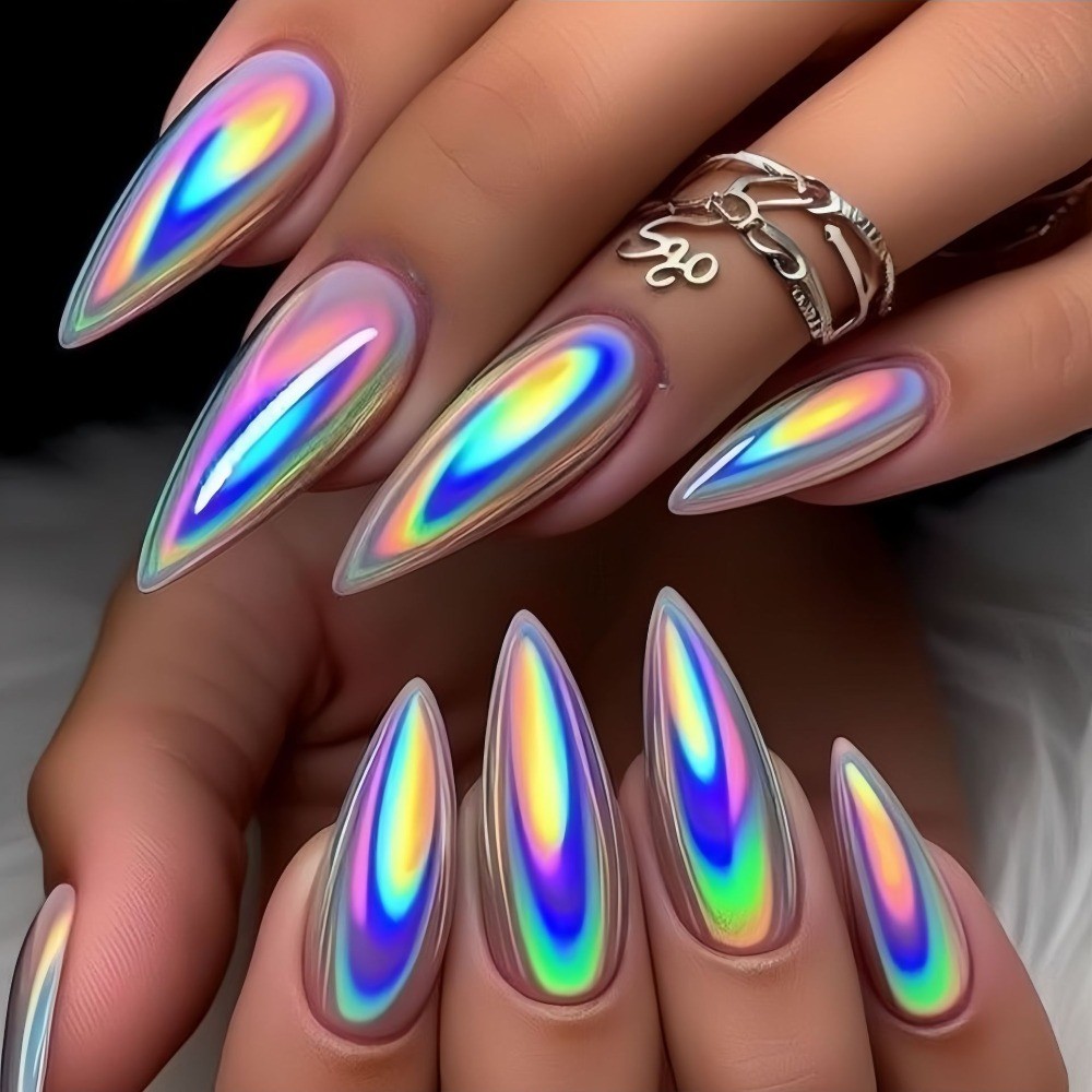 24pcs Long Almond Dopamine Press-On Nails, Multi-Color Glossy Trendy Minimalist