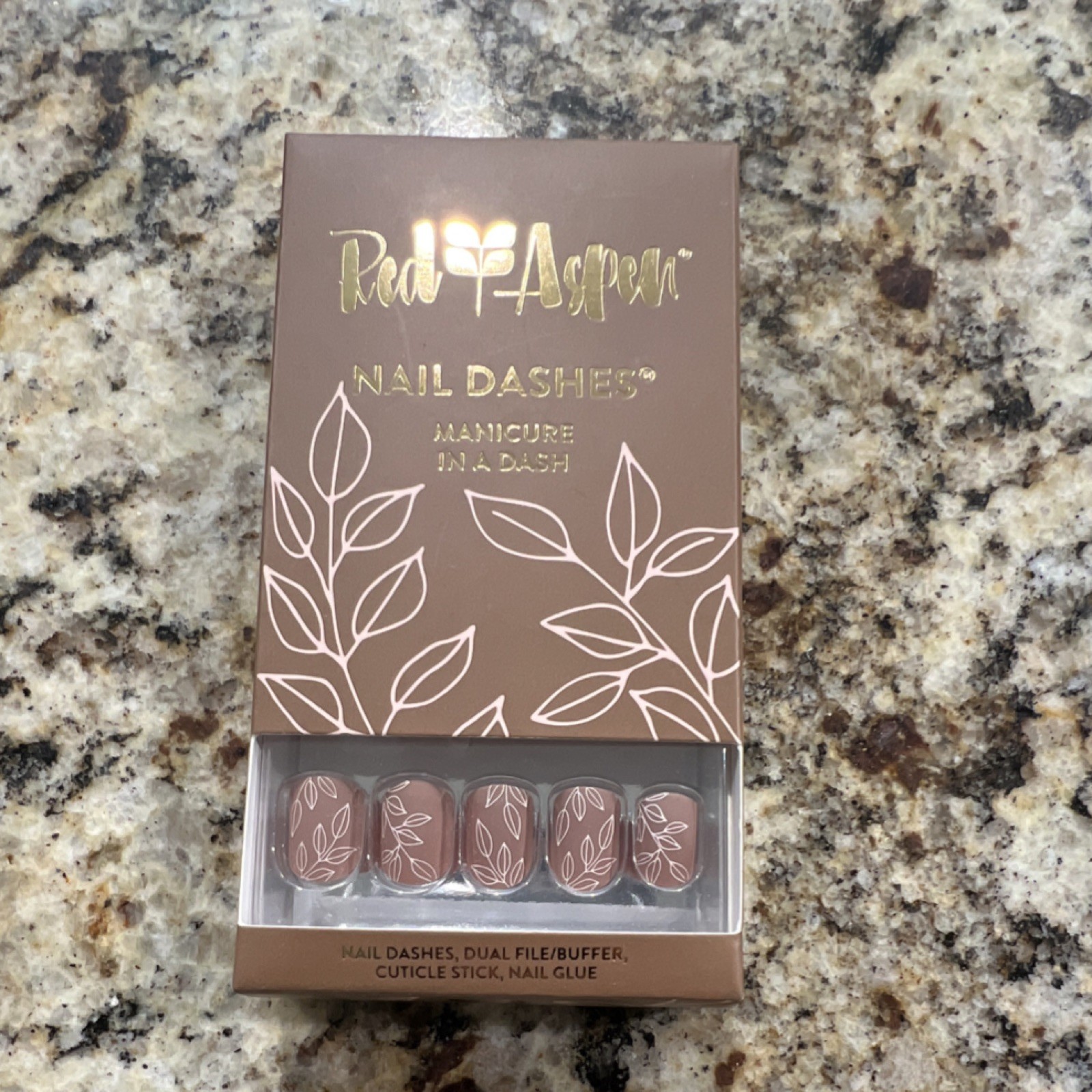 Red Aspen Press-On Nails Brown White Leaf Design Square Full Cover Glue Included