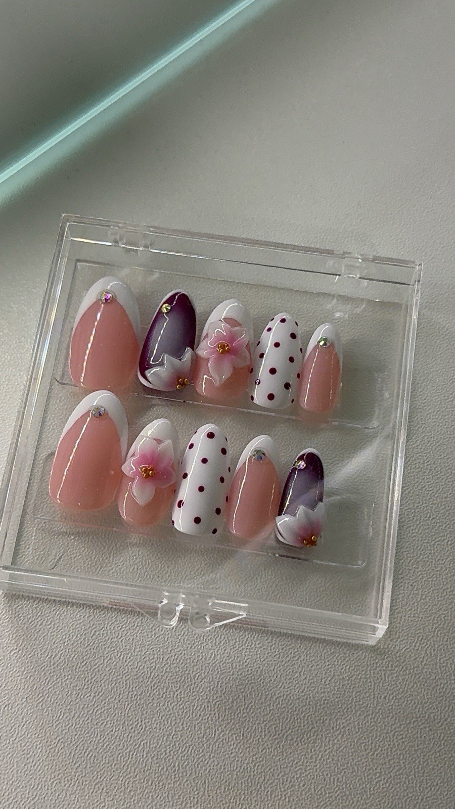 Medium Almond Press-On Nails Pink White Purple French 3D Floral Polka Dot