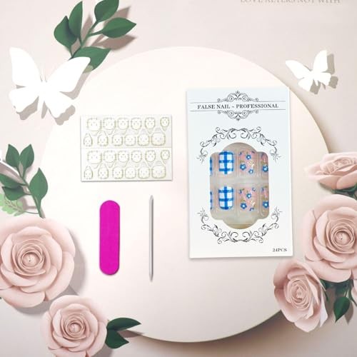 French Tip Press on Nails Cute Bee Flower False Nails Glossy Blue White Check