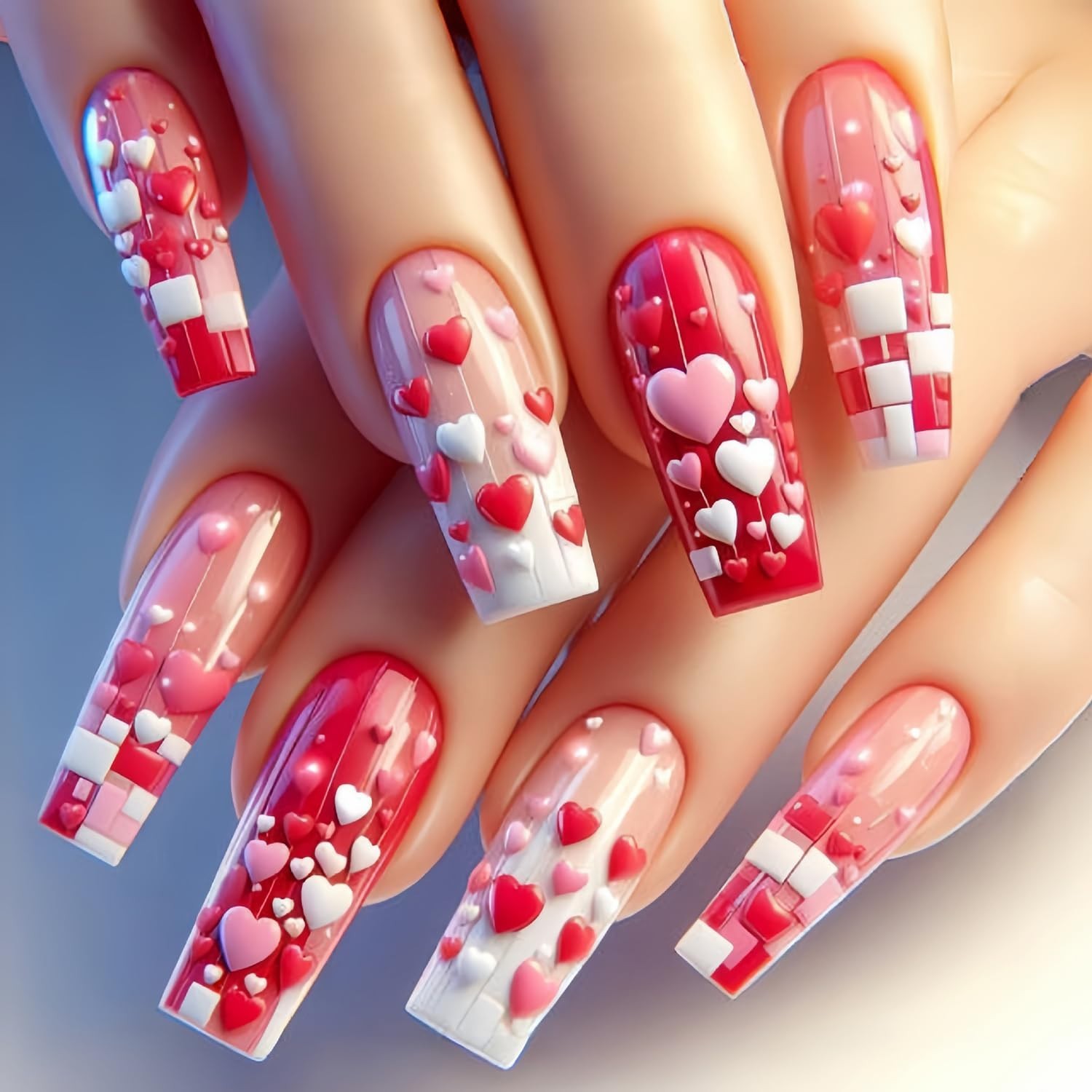 Valentines Press On Nails Long Coffin 3D Pink Red Heart Glossy Set