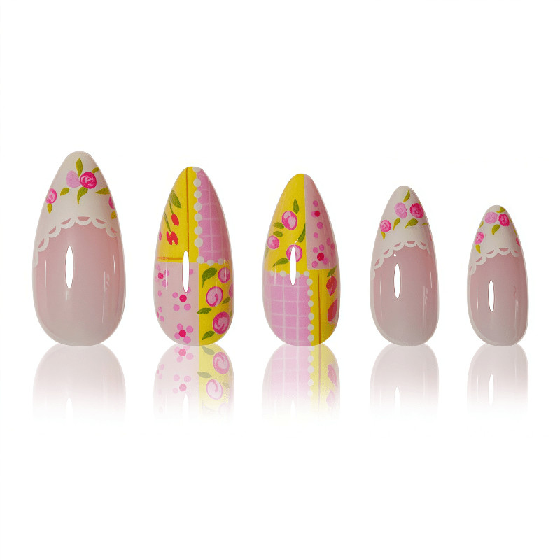 48Pcs-Medium Almond Pink Lace Hand Painted Rose Cake Design Cute Press on Nails