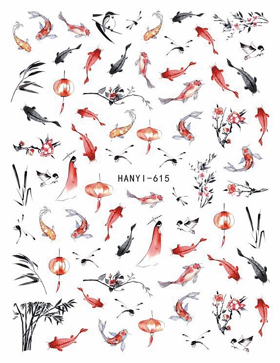 Koi Fish Nail Stickers Lantern Dragonfly Flower Bird Bamboo Nail Decal