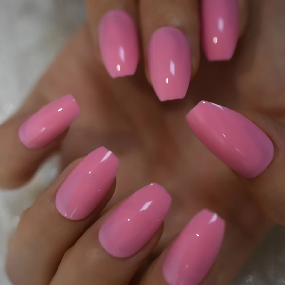 24 Medium Press on nails kit w glue bright pink coffin barbie