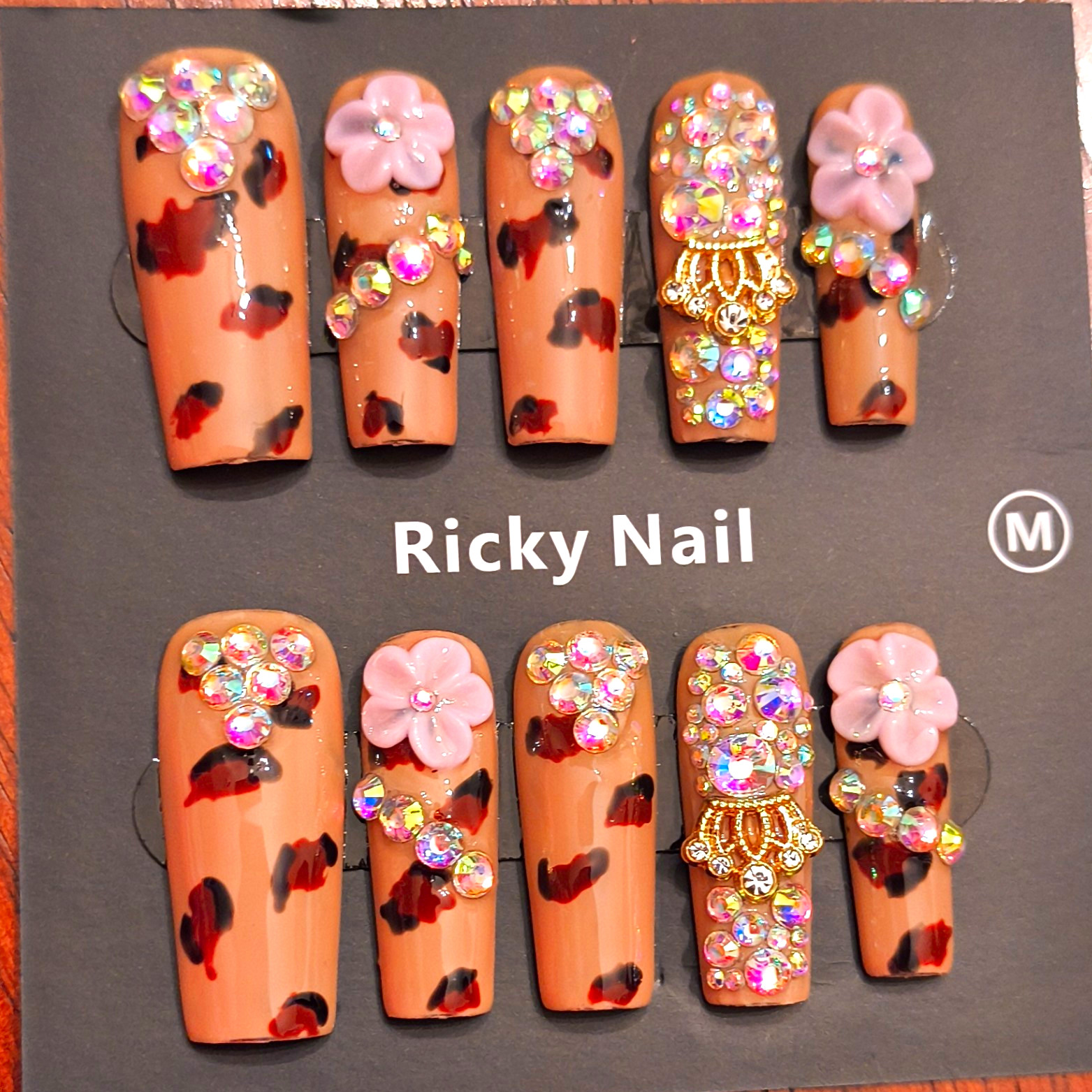 Ricky Nail Press-On Nails Long Coffin Beige Brown Pink 3D Flower Rhinestone Med