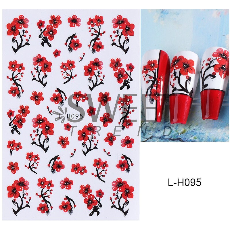 3Sheets Red Nail Art Stickers Decals Hibiscus Cherry Flowers Floral Wasp NH28