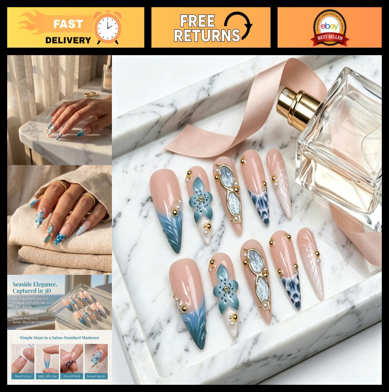 Handmade Long Almond Blue French Tip Press-On Nails | 3D Flower, Cat Eye Designs
