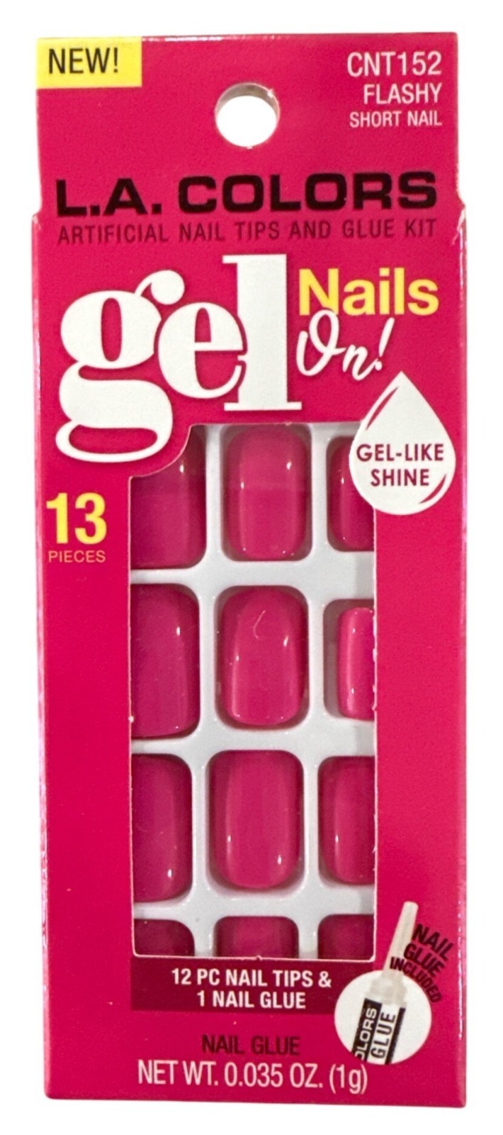 L.A. Colors GEL ON! 12 Nails FLASHY Short Squoval Glossy Hot Pink Gel-Like Shine