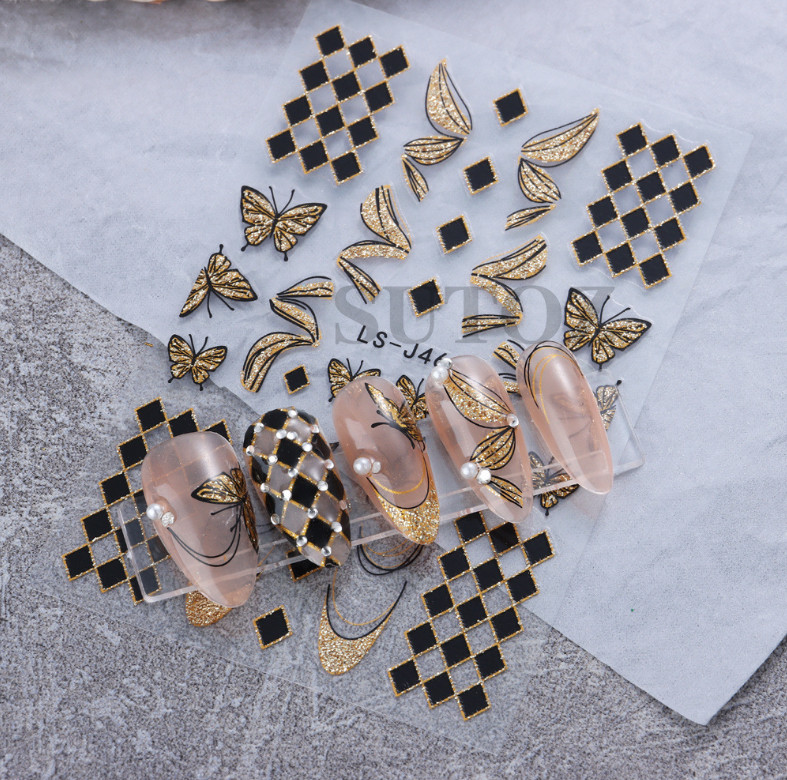 Glitter 3D Gold Black 2023 New Year Clock Time Cat French Nail Art Stickers NH21