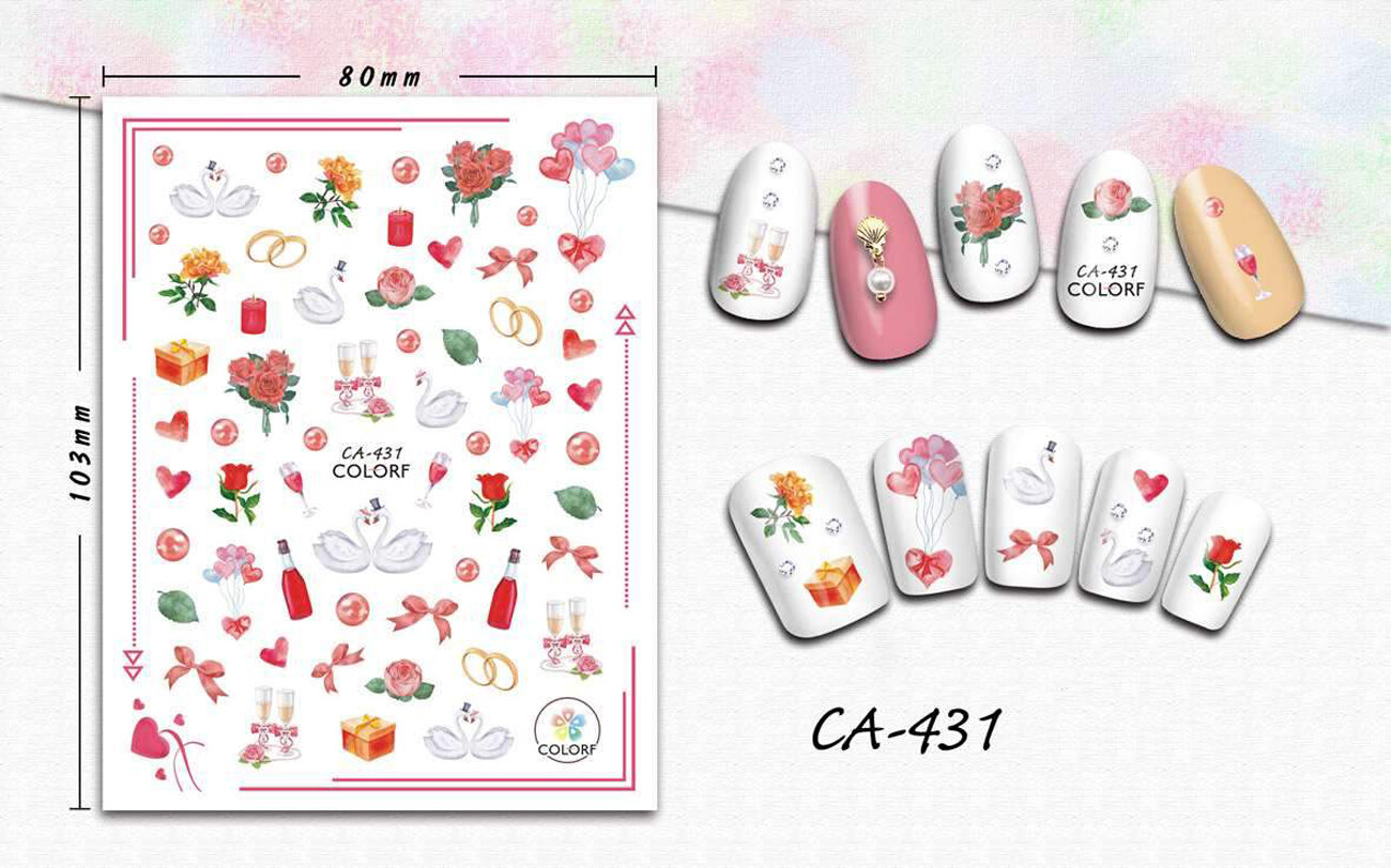 Nail art 3D stickers decal wedding rings swans red hearts roses wineglass CA431