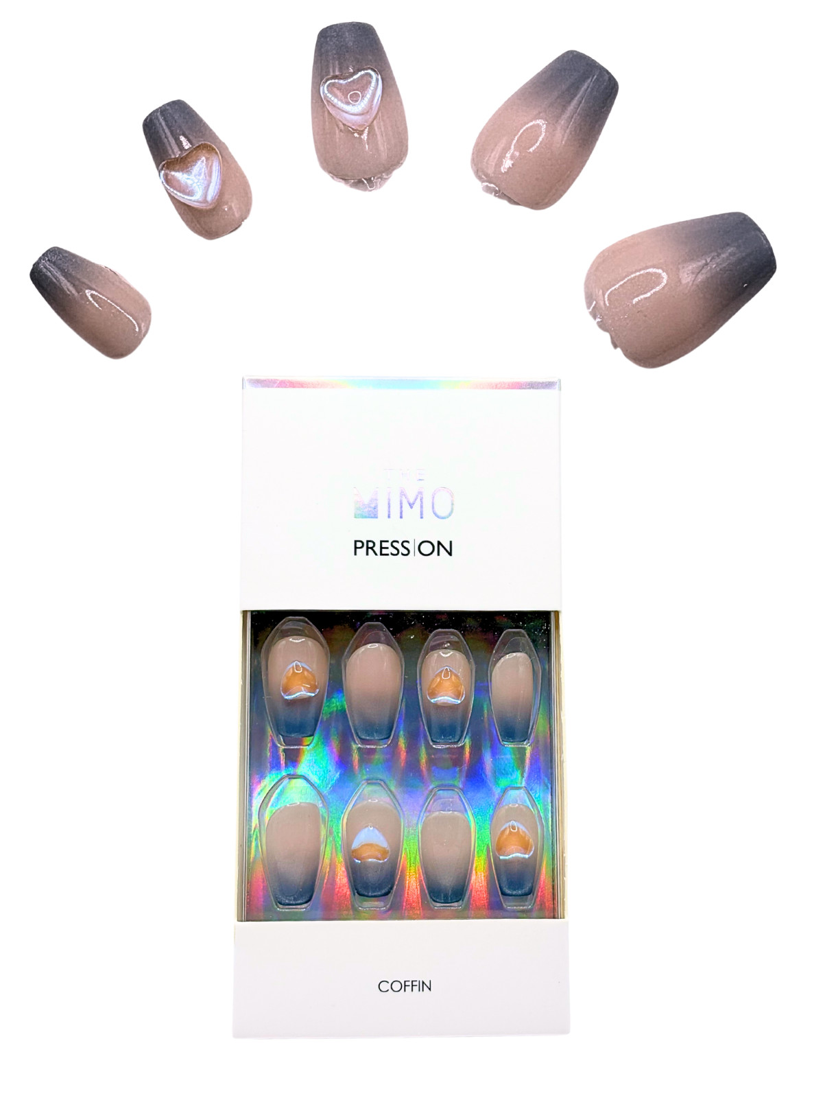 The MIMO TPU Press on nails-Coffin Nude Beige with Gold Heart Accent 28PCS