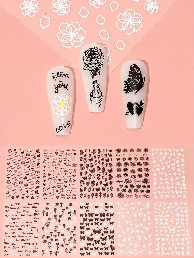 10 Sheets/Set -5D Embossed Black White Bufferfly Bow Rose Nail Art Vinyl