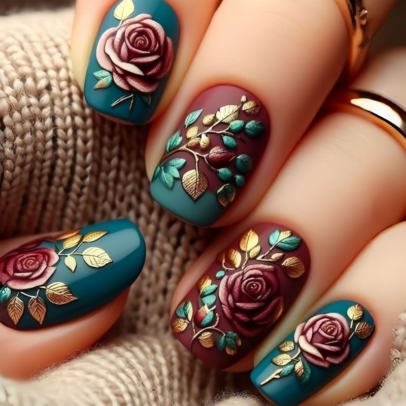 48Pcs-Short Square Teal Burgundy Rose Gold Leaf Hand Painted Press on Nails Set