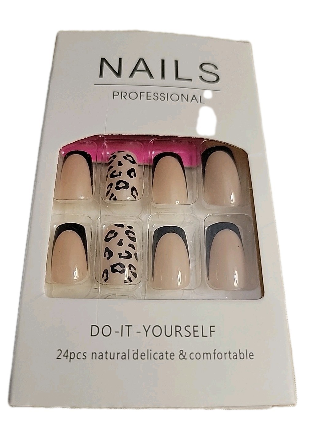 New 24 Pcs DIY Nails Natural With Black Tips, Blk Cheetah Print, Square Tip