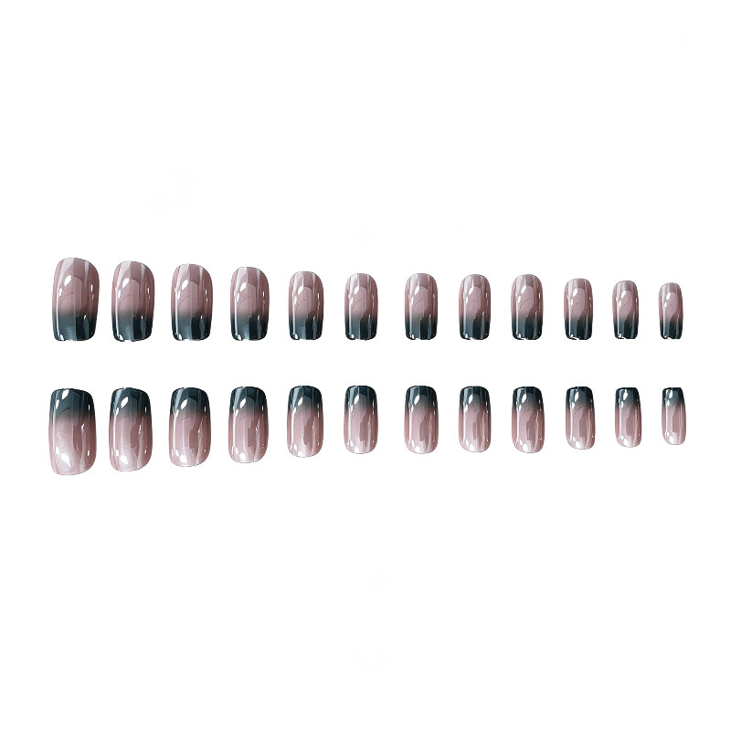 48Pcs Coffin Press on Nails, Nude Gray Gradient Nails with Metallic Edge Design