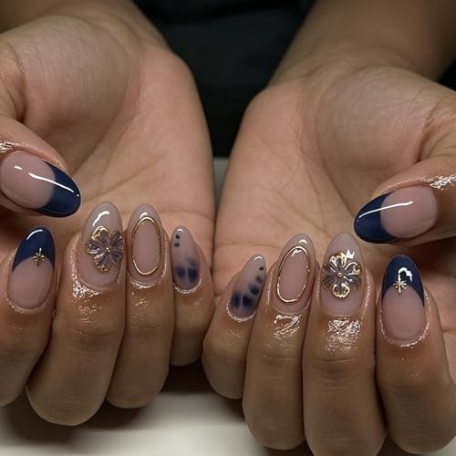 Medium Press on Nails Almond Flower Blue French Tip Blue Gold Flower Style