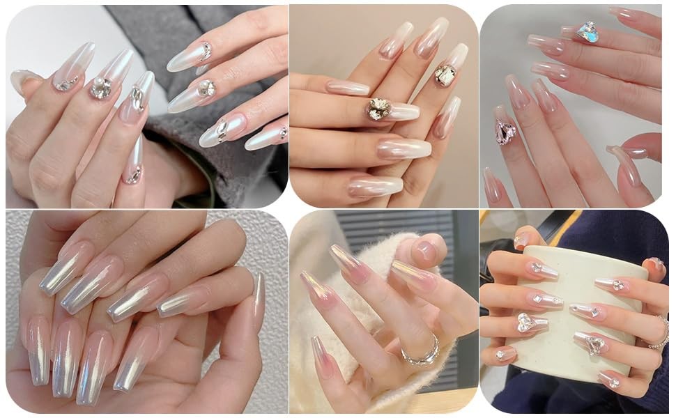 White Pearl Chrome Nail Powder, 3 Colors Clear Aurora Glass Ice 3