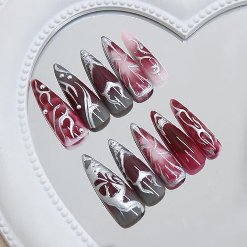 24Pcs Gothic Press on Nails Long Stiletto Fake Nails Punk Metal punk style